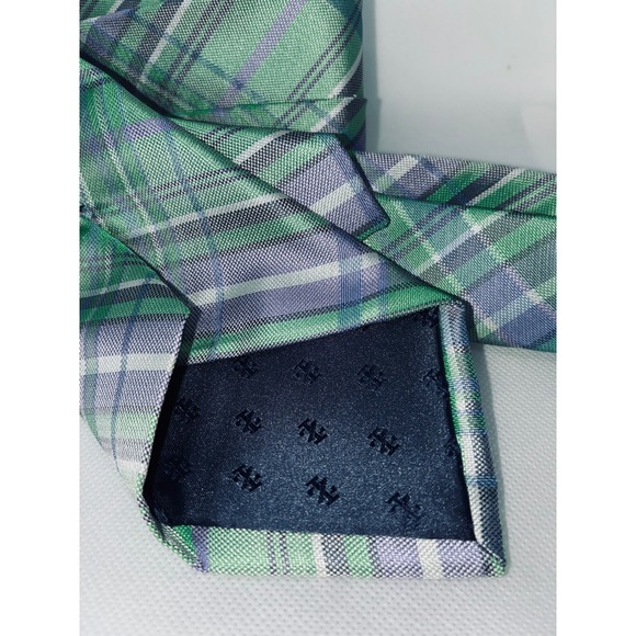 IZOD Mens Silk Necktie Green Purple White Plaid Woven Classic Tie - Picture 3 of 5
